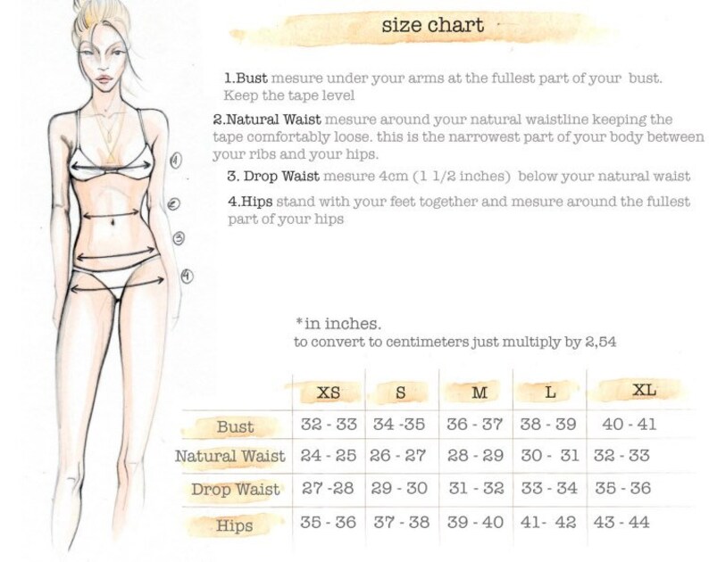 May include: A size chart illustration featuring a sketch of a figure with numbered measurement points for bust, natural waist, drop waist, and hips. The text includes instructions for measuring and a table with sizes XS through XL in inches.