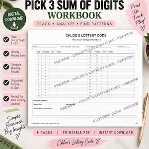 May include: A digital workbook for tracking lottery numbers titled Chloe's Lottery Code. The page features a table for sums 0-27, columns for families, hits, and notes, a monthly summary section, and fields for state, draw time, and total draws.