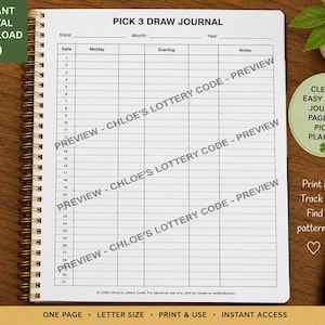 Peut inclure: Une page de journal Pick 3 Draw à reliure spirale blanche avec du texte et des lignes de grille noirs. L'en-tête comprend des champs pour l'État, le mois et l'année. Le tableau comporte des colonnes pour Date, Midday, Evening et Notes.