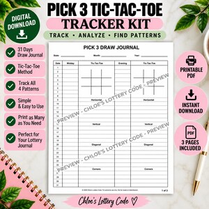 May include: A white Pick 3 Draw Journal tracker sheet with black grid lines, tic-tac-toe boards, and columns for dates, midday, and evening entries. The document includes headers for state, month, and year, with text labels for horizontal, vertical, diagonal, and corner patterns, plus a footer indicating 1 of 3 pages.