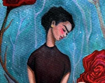 Frida cultivando rosas en técnica mixta. ~ 2.7.26