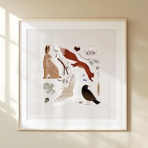 Poster premium en papier mat - Avant l'aube, poster automne, autumn print, forest illustration, owl, squirrel poster