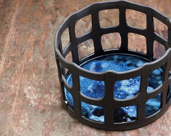 Ceramic blue bottom basket, Fine art ceramics, Home decor, Wedding gift, New home owners gift
