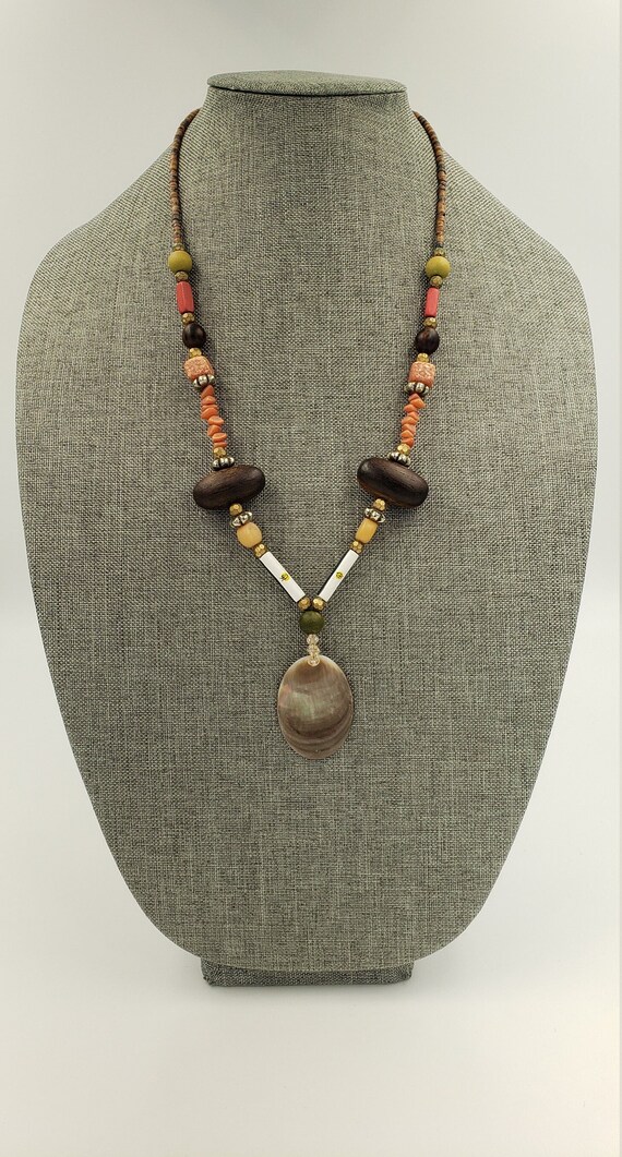 Vintage Beaded Necklace, Shell, Wood, Stone, Triba