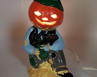 1976 Pumpkin Man with Black Cat Halloween Lamp, Halloween Decor, Vintage Halloween