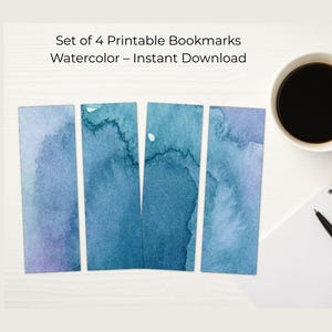 Printable Watercolor Bookmarks Set of 4 – Blue Abstract Bookmark Digital Download for DIY Gifts