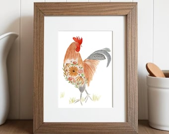 Arte de parede de galo em aquarela: impressão de cozinha rústica de fazenda, download digital
