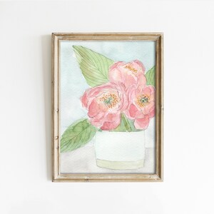 Watercolor Peonies in Vase Art Print: Cottage Style Floral (Digital Download