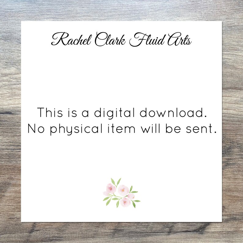 Pode incluir: Cart&atilde;o branco com texto preto que diz "Rachel Clark Fluid Arts" e "Esta &eacute; uma transfer&ecirc;ncia digital. Nenhum item f&iacute;sico ser&aacute; enviado." Um pequeno desenho floral est&aacute; na parte inferior do cart&atilde;o.