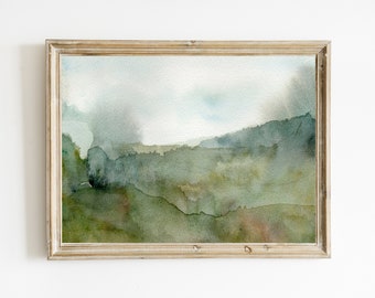 Minimalist Landscape Watercolor Print, Abstract Green Wall Art, Modern Farmhouse Decor