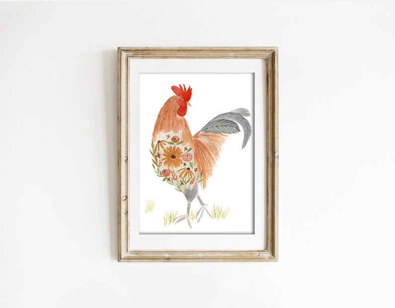 Floral Rooster Print Rooster Painting Rooster Art Etsy