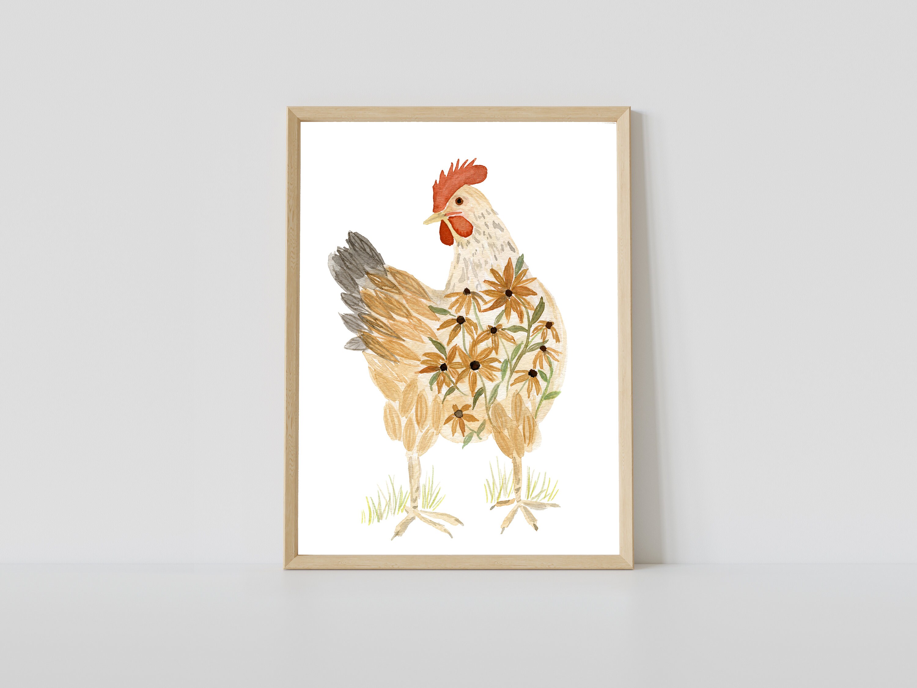 Chicken Wall Art, Chicken Print, Watercolor Chicken Art, Flower Chicken