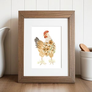 Arte de pared de pollo, impresión de pollo, arte de pollo en acuarela, arte de pollo con flores, impresión de gallina, decoración rústica de granja, descarga imprimible