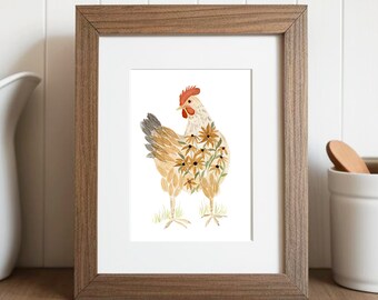 Arte de parede de galinha em aquarela: impressão de galinha rústica de fazenda com margaridas-de-olhos-pretos, download digital
