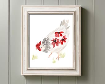 Arte de parede imprimível com galinhas, decoração de cozinha estilo fazenda, pintura em aquarela de galinha, estampa rústica de fazenda, arte de galinha escarlate