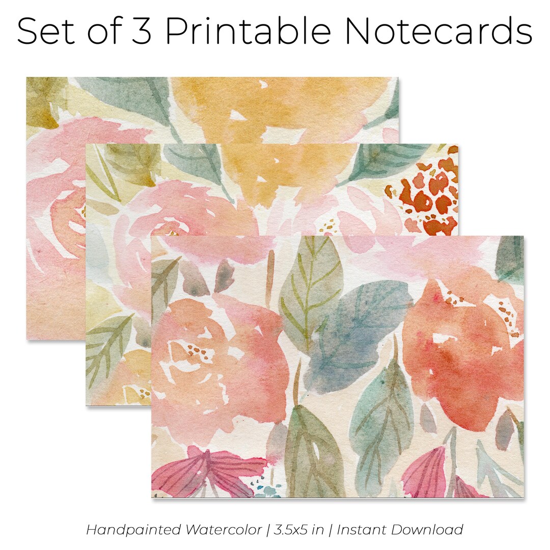 Watercolor Rose Note Cards: Printable Floral Greeting Card Set (digital ...