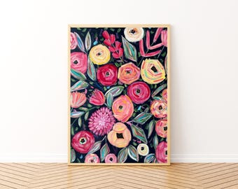 Impressão de arte floral ousada: decoração de parede com flores coloridas e modernas (download digital)