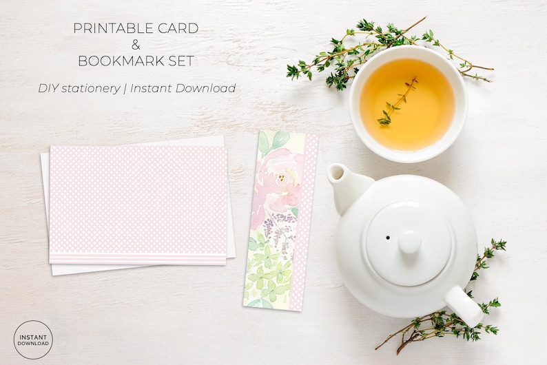 Printable Card and Bookmark Set | Pink Polka Dot and Floral | Instant ...