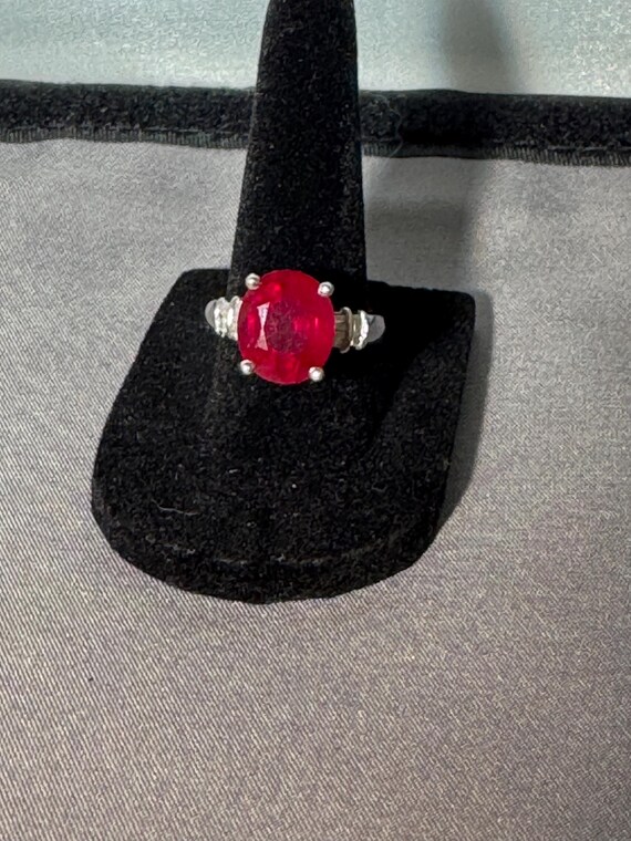 Sterling Silver Lab-Created Ruby Ring with Moissa… - image 1