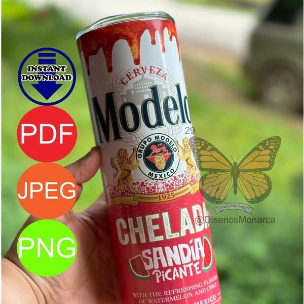 Modelo Chelada Sandia Sublimation Design, 20 oz Skinny Tumbler,  Tumbler Wrap, Waterslide, Digital Download PNG, JPEG and PDF