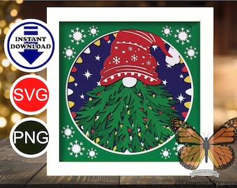 Arbre de Noël 3D gnome Shadowbox en couches PNG et SVG, png, sublimation, DTF