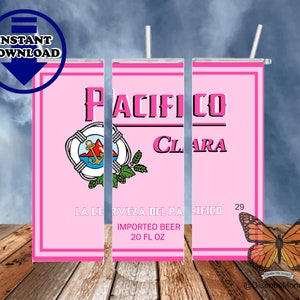 Pacifico Cerveza Beer Pink Sublimation Design, 20 oz Skinny Tumbler, Tumbler Wrap, Waterslide PNG, Digital Download PNG