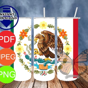 Mexican Flag, Flowered flag, Bandera Mexicana 20 oz Skinny Tumbler,  Tumbler Wrap, PNG, Digital Download PNG, JPeG and PDF included