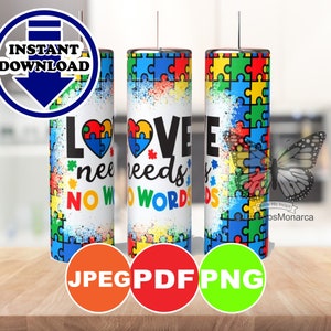 L'amore non ha bisogno di parole Bicchiere magro per l'autismo da 20 once PNG, JPEG e PDF inclusi