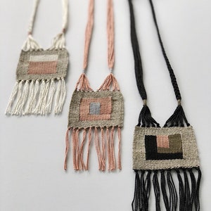 modern woven necklace - mini tapestry - fiber jewelry - tassel necklace - woven necklace image 4