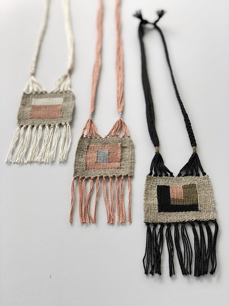 modern woven necklace - mini tapestry - fiber jewelry - tassel necklace - woven necklace image 4