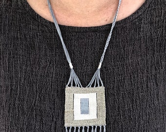 modern woven necklace - tapestry necklace - linen necklace - tassel necklace - textile jewelry