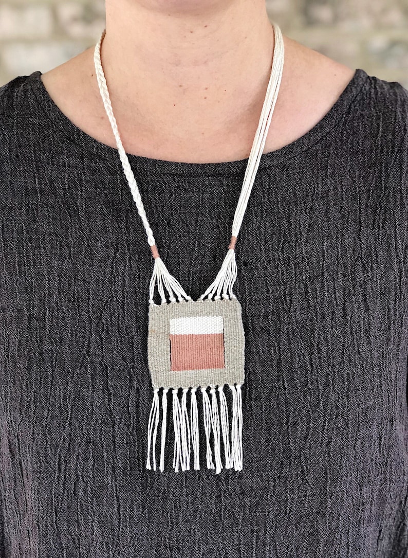 modern woven necklace - mini tapestry - fiber jewelry - tassel necklace - woven necklace image 2