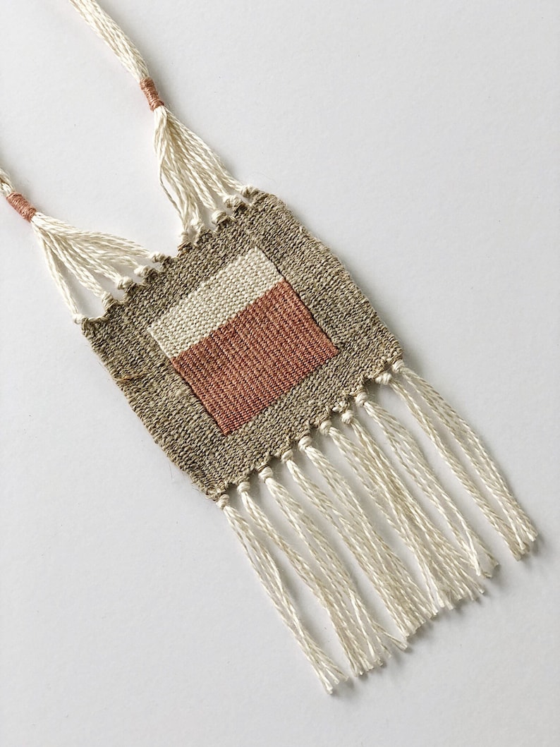 modern woven necklace - mini tapestry - fiber jewelry - tassel necklace - woven necklace image 1
