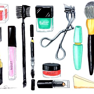May include: A collection of makeup and beauty products, including a black mascara tube, a green nail polish bottle labeled "Butter", a black eyeliner pencil, a black and gold lipstick, a pink lip gloss tube labeled "INGLOT", a black eyebrow brush, a black eyelash curler, a black makeup brush with a white brush head, a small red container labeled "INGLOT", and a beige makeup sponge.