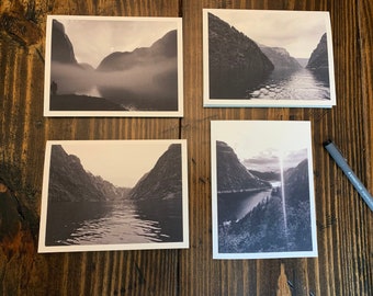 Fjord Greeting Cards - Set of 4 Black and White Cards; Fjord Photography (blank cards)