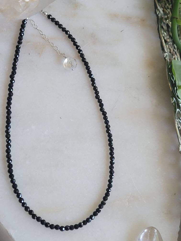Black Spinel Faceted Beaded Handmade Sterling Silver Choker Necklace