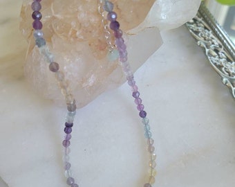 Round Faceted Multicolor Flourite  Handmade Sterling Silver Necklace