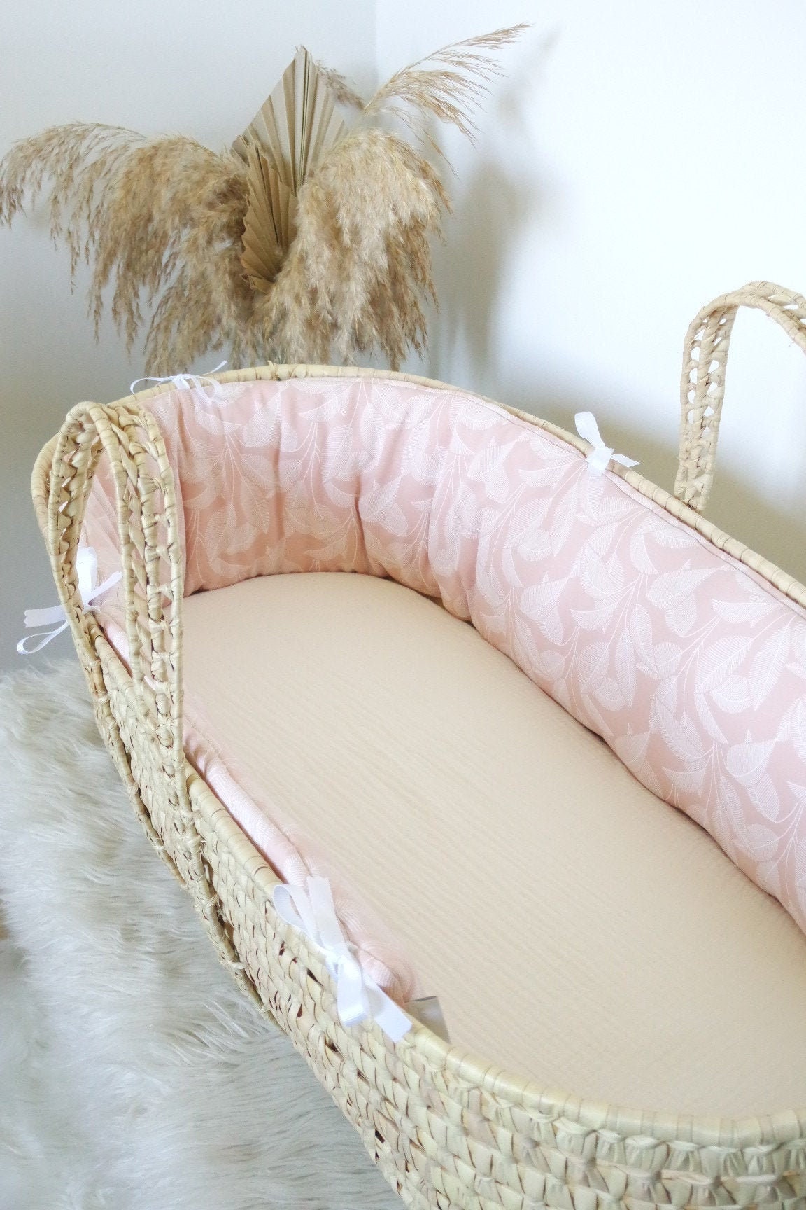 Tour de Couffin/Berceau Feuillages en Coton Bio Molleton Rose Poudré et Blanc