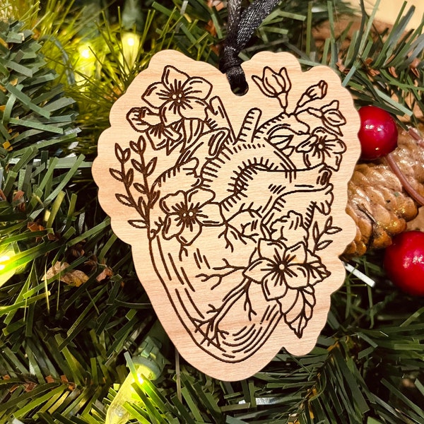 Floral anatomical heart anatomy Christmas ornament mirror hanging cardiologist gift biology teacher nerd science