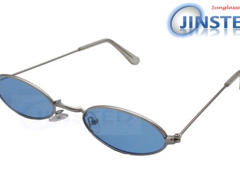 Adult Modern Oval Sunglasses Blue Tinted Lens Silver Frame UV400 Protection AOV004