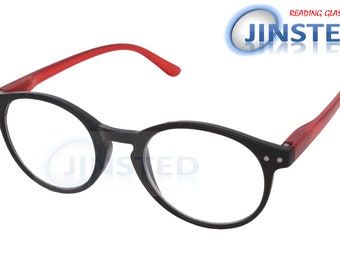 Zwarte en rode leesbril. Ronde uniseks bril met rond montuur voor volwassenen, sterkte van +1,00 - +4,00 RG058