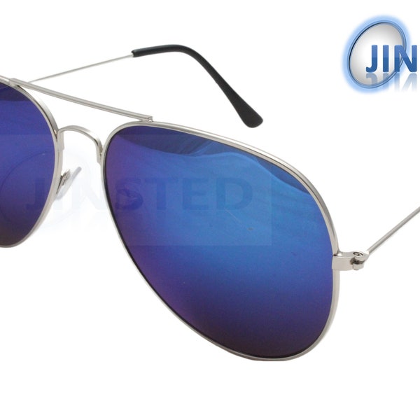 Lunettes de soleil aviateur réfléchissantes bleues pour adulte avec cadre argenté Protection UV400 AA004