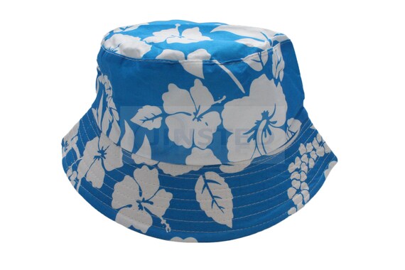 Unisex Adult Blue Bucket Hat Floral Print Design With White Flowers  Festival Gigs Summer ABH007 