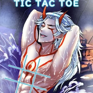 May include: A white-haired person with red markings on their body is sitting in a pool of water. The person is looking at the viewer. The image has a blue tic-tac-toe grid superimposed over the person's torso. The text "OUJI STUDIO" and "TIC TAC TOE" is at the top of the image.