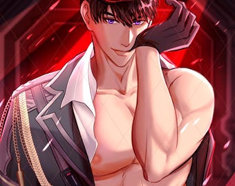 May include: Digital artwork of a person in a military-style uniform, featuring a dark red hat and jacket. The person has purple eyes and is partially undressed, with a black glove. The background is red with geometric shapes.