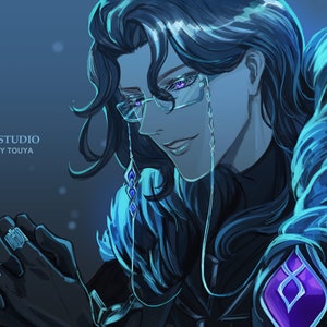 May include: A man with long dark blue hair wearing a black outfit with a blue and purple gem on the shoulder. He is wearing glasses with a chain and a ring on each finger. The text "OUJI STUDIO ART BY TOUYA" is in the upper left corner of the image.