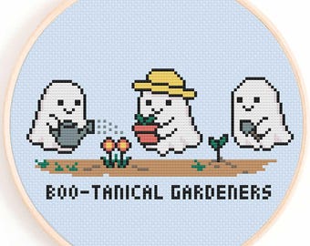 Patrón de punto de cruz "Jardineros Boo-tánicos": Gráfico de fantasmas adorables (descarga digital)