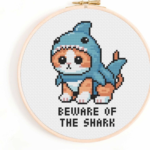 Beware of the Shark Cross Stitch Pattern - Cat in a Shark Suit Cross Stitch Chart - Cat in a Shark Costume PDF Pattern