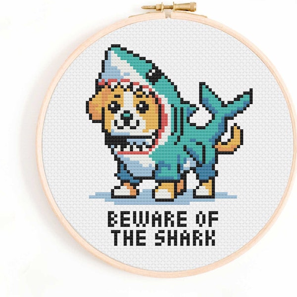 Beware of the Shark Cross Stitch Pattern - Dog in a Shark Suit Cross Stitch Chart - Dog in a Shark Costume PDF Pattern
