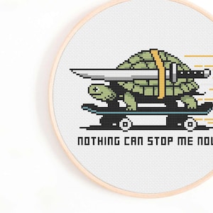 May include: A green turtle with a sword strapped to its back rides a skateboard with the text "NOTHING CAN STOP ME NOW."